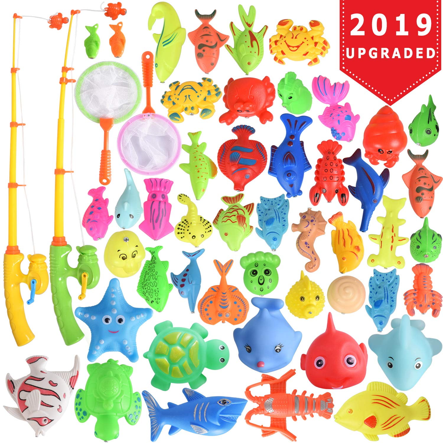 Kids Fishing Pool Game Set of 2 Fishing Poles & Net 8 Rubber Sea Animals Mold Free Water Toys with Mesh Organizer Bag Liberty Imports Magnetic Toddler Bath Toys 