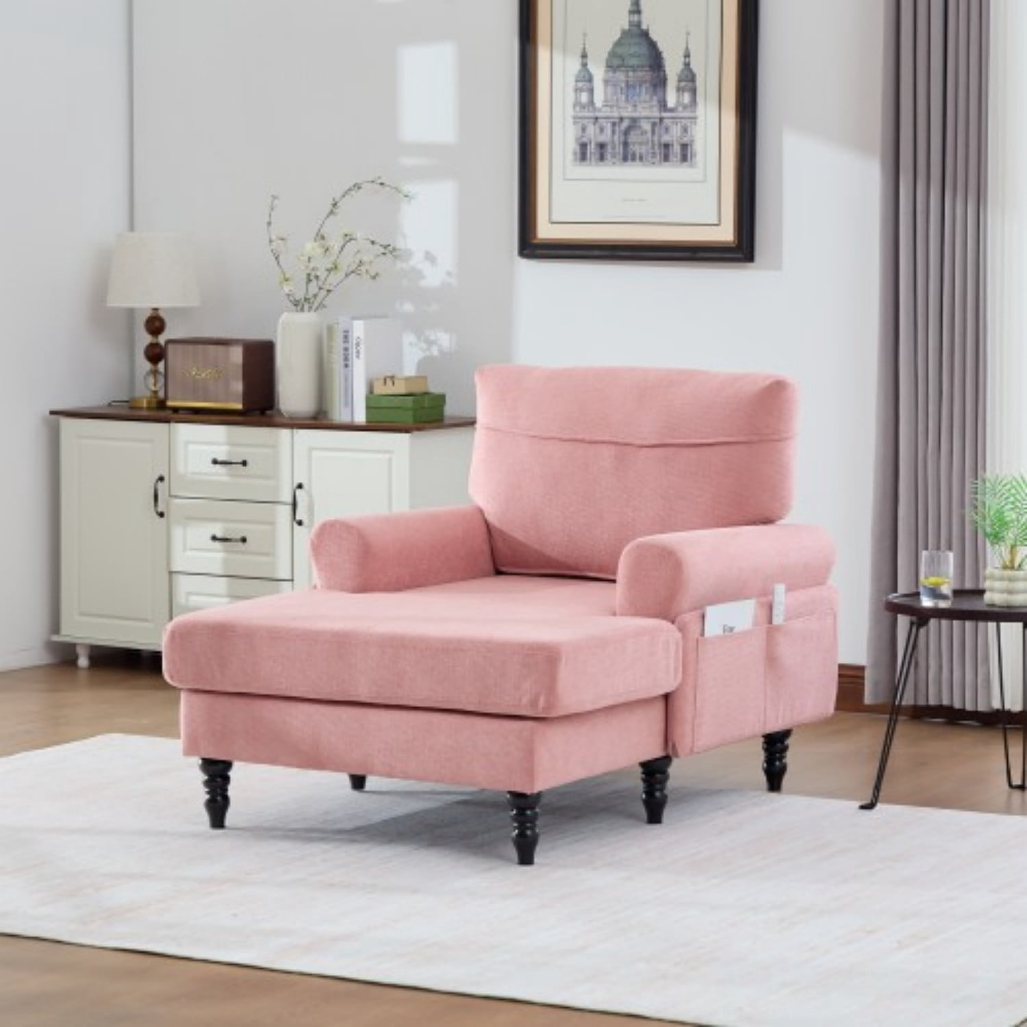 Chenille Chaise Lounge Chair, Oversized Upholstered Recliner Sofa with Wide Seat, High Density Foam Backrest, Solid Wood Legs & Side Pockets for Living Room, Bedroom, Office, Pink