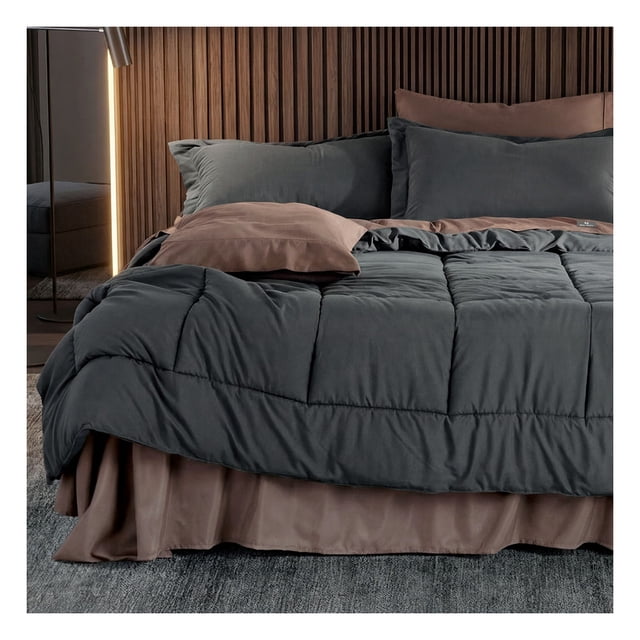 Set Edredón Matrimonial + Funda De Almohada + Sábanas 7 Pzas Real Textil Grafito - Café Claro