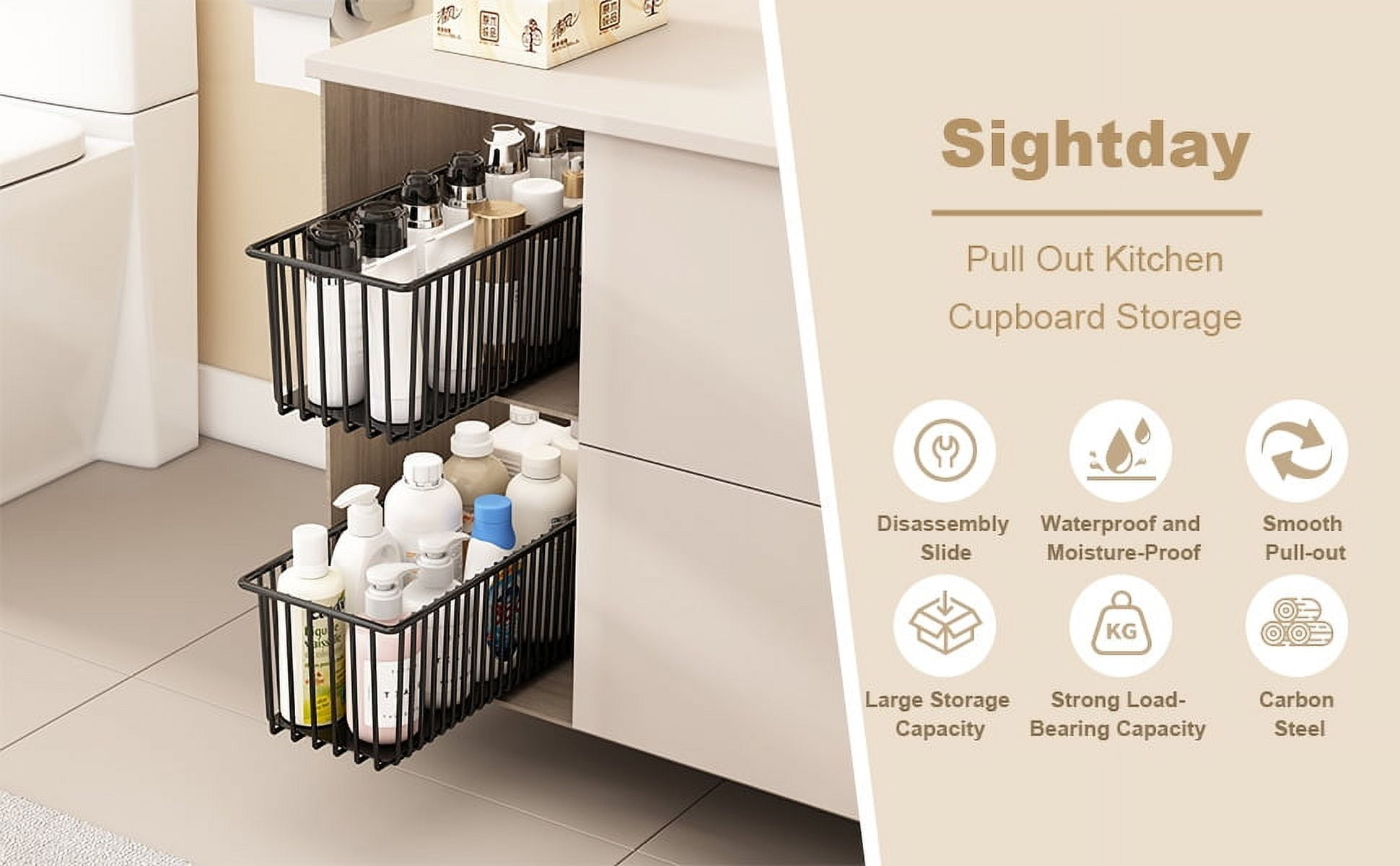 2025 New 2 Pack Pull Out Cabinet Organizer, Multifunctional Sliding Shelves, Sturdy Carbon Steel Roll-Out Drawers For Kitchen Cabinet Pantry Bathroom Under Sink