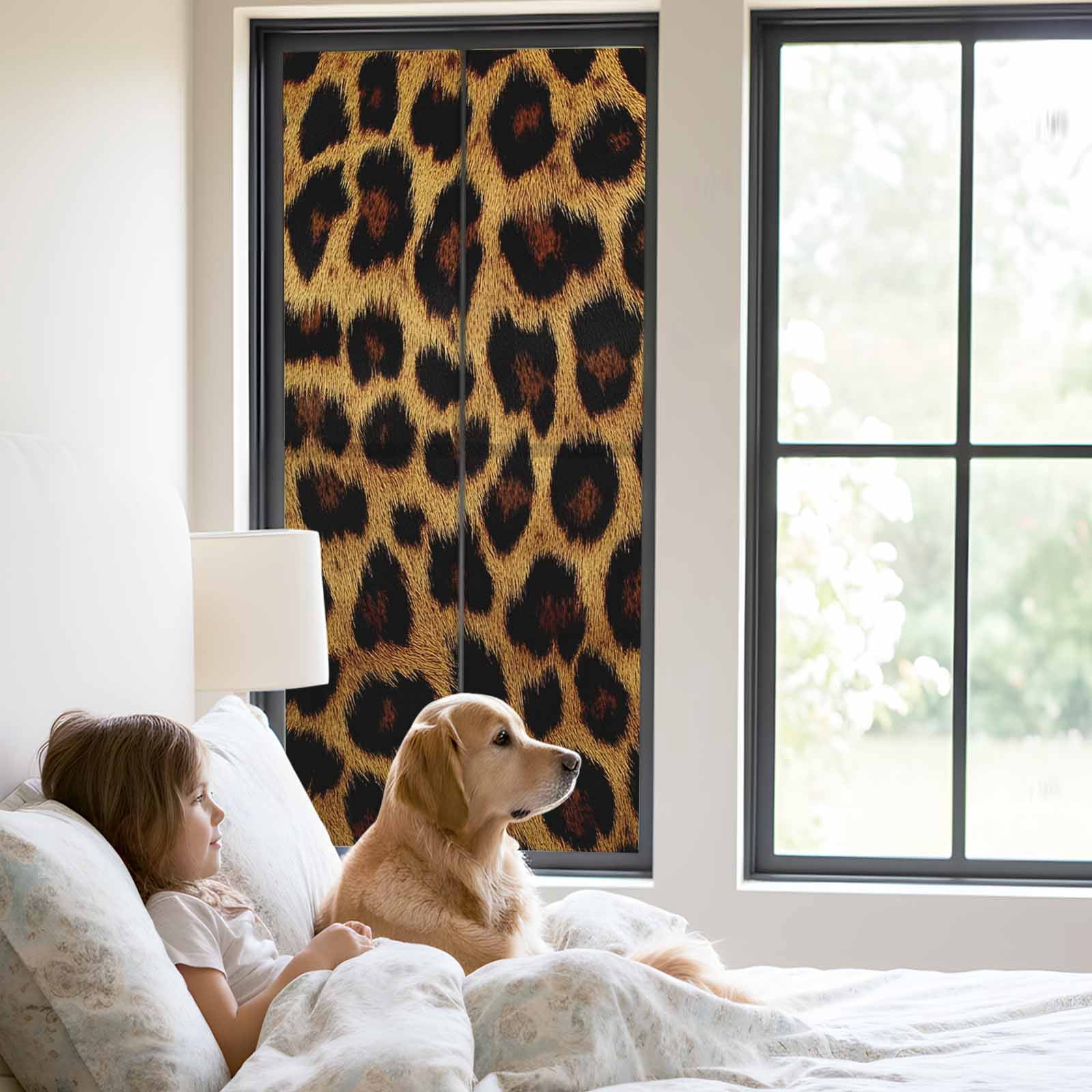 Leopard Window Privacy Film, Brown Vintage Leopard Print Static Cling UV Sun Blocking Heat Control Window Tint Day and Night, Non-Adhesive Reusable One Way Windows Privacy Cover 23.6''x59''