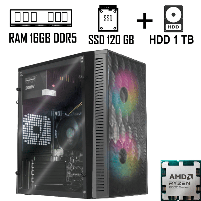 pc gamer amd ryzen 7 8700g 16gb ram ddr5 ssd 120+hdd 1tb Vista 3/4 frontal de torre negra con panel lateral de vidrio que muestra placa madre A620, disipador, 16GB DDR5 y fuente 500W; frontal de malla con dos ventiladores RGB y etiquetas que indican SSD 120 GB y HDD 1 TB. Sistema apto para gaming, tareas escolares u oficina y diseñado para permitir futuras actualizaciones de RAM, almacenamiento o tarjeta de video.