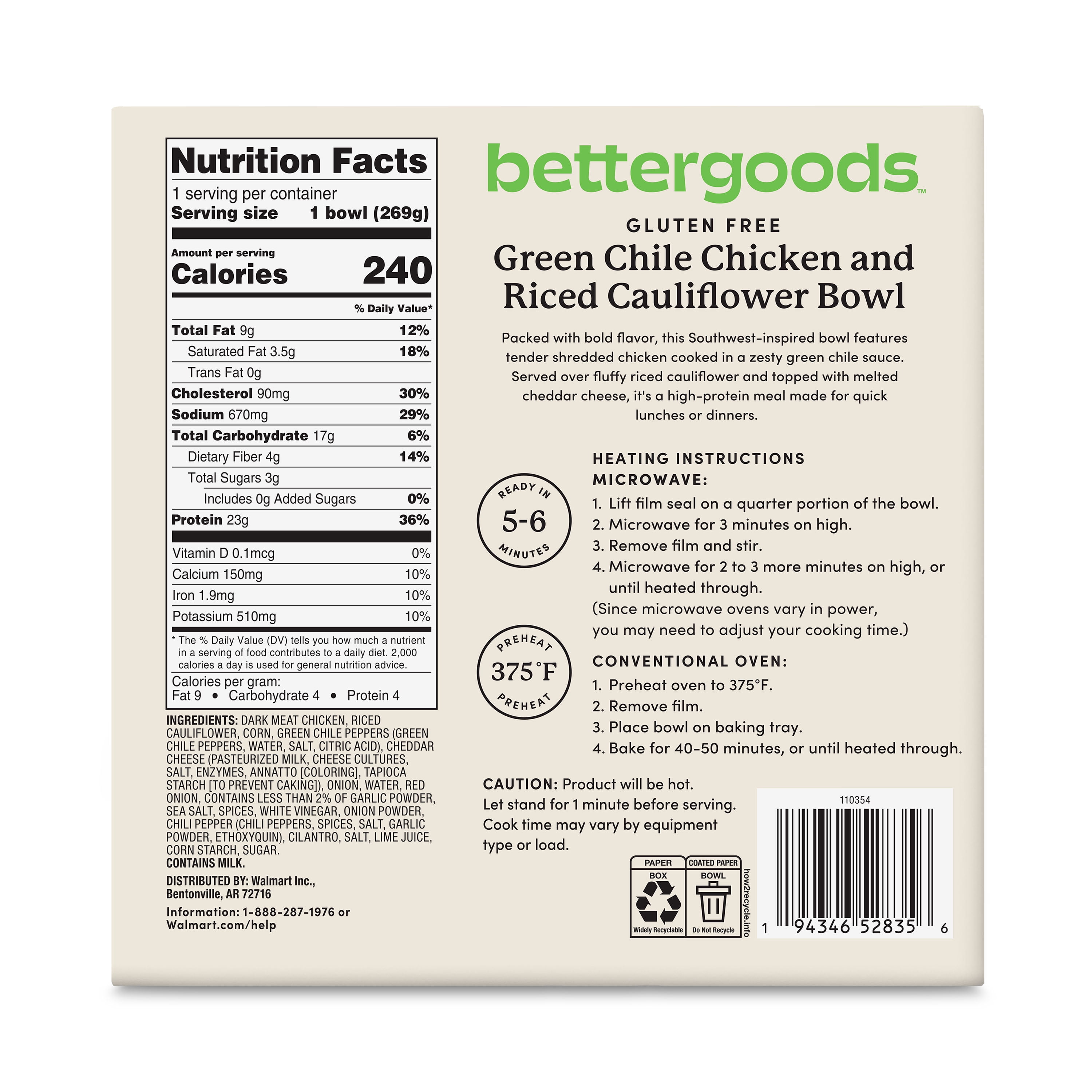 bettergoods Gluten-Free Green Chile Chicken and Riced Cauliflower Bowl, 9.5 oz