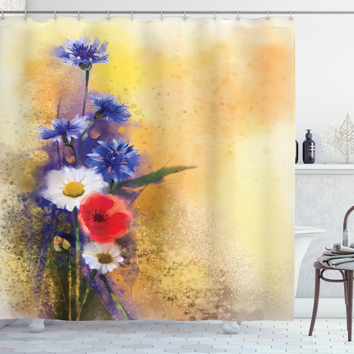Floral Shower Curtain Blooming Flowers Artsy Print for Bathroom 71Inch Long 