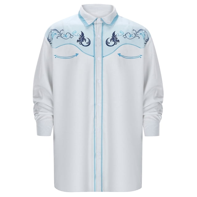 Men's Western Cowboy Embroidered Long Sleeve Slim Fit Casual Button Down Shirt With Front Pockets