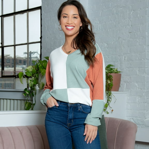 Elsie & Zoey Keegan Long Sleeve V-Neck Color Block Sweater for Women