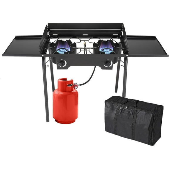 Bonnlo 2 Burners Propane Gas Stove, 150,000 BTU Portable Outdoor Camp Cooker Stove with Regulator, Side Shelves, Foldable Windpanel, Adjustable Height & Carrying Bag for Backyard, Camping, Tailgating