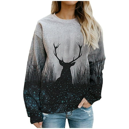 

jsaierl Christmas Sweatshirt Women Long Sleeve Deer Graphic Top Casual Crewneck Sweatshirt Plus Size Pullover Christmas Gifts for Teen Girls