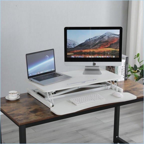 Desk Converter, Height Adjustable Sit to Stand Riser with Wide Keyboard Tray for Dual Monitors | White | MDF Metal