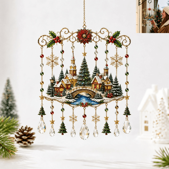 7.87in Winter Village Scene Acrylic Christmas Wind‑Chime, Holly‑Berry Teardrop Pendant, Christmas Decorations Outdoor, Farmhouse Window, Entryway Xmas Ornament