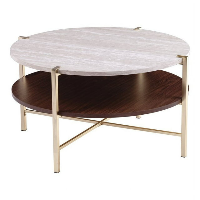 Ardmillan Table Cocktail Ronde à 2 Niveaux avec Dessus en Faux Marbre en Laiton/tabac Foncé