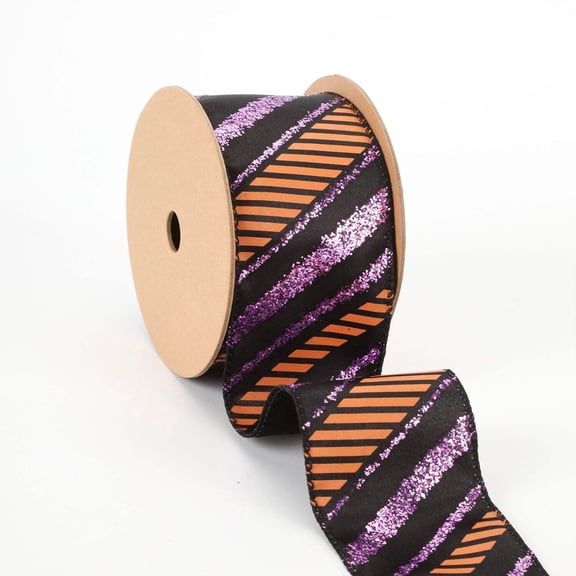 LaRibbons 2 1/2" Wired Ribbon "Glitter Diagonal Stripe" Purple/Black, 10 Yard Roll