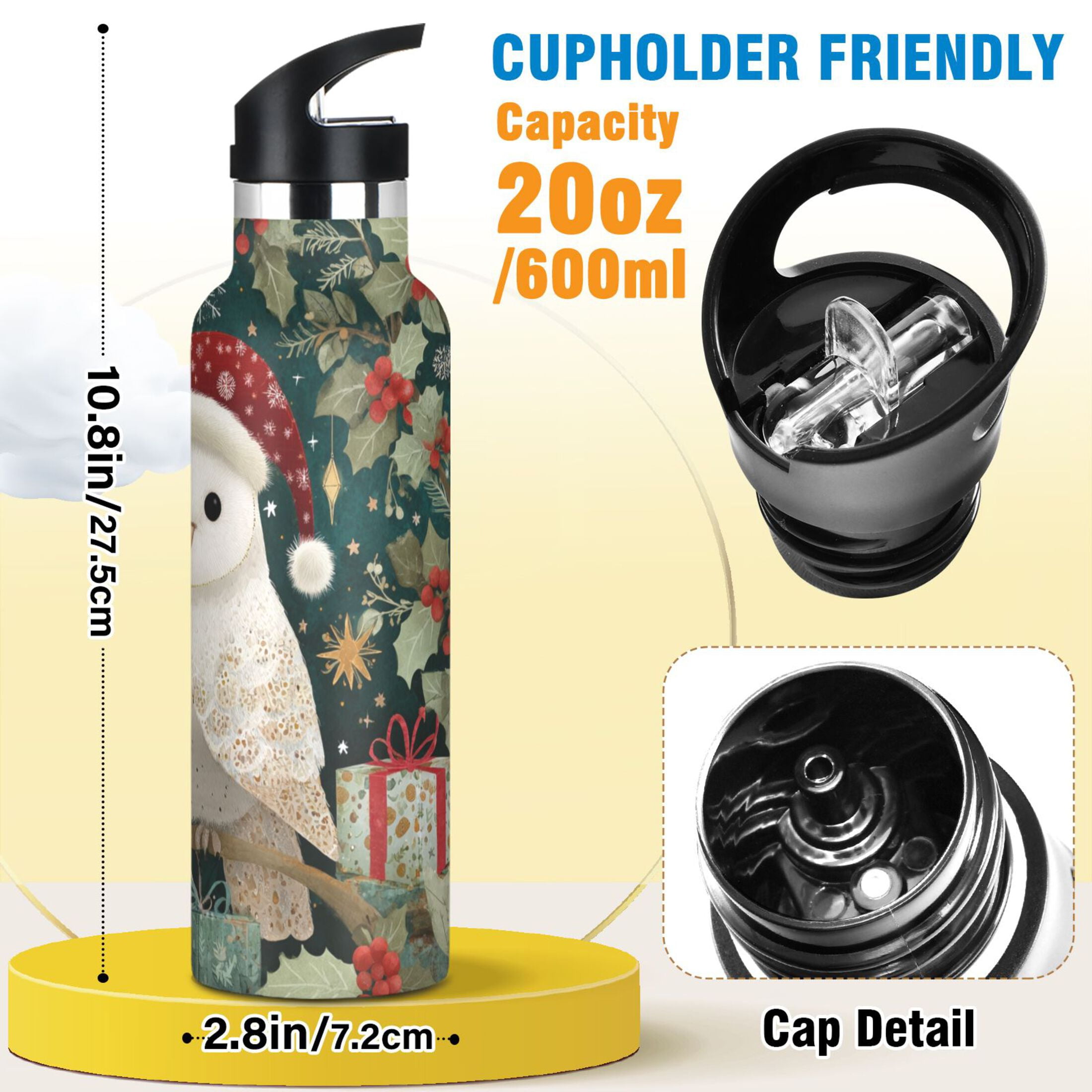 600ML Stainless Steel Insulated Cup Sports Water Bottle Portable Thermos Cup Water Glasses Insulated Tumblers Convenient and Durable Warm Christmas Owl