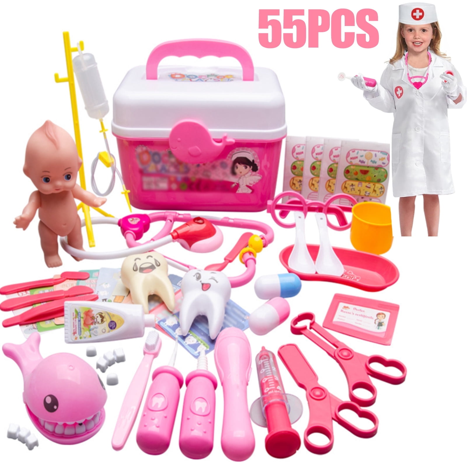 Hinzonek Doctor Kit for Kid,Dentist Doctor Set,55Pcs Doctor Pretend Playset for Toddlers Doctor KitRole Playing Game for Boys and Girls,Birthday Girls Gifts,Pink
