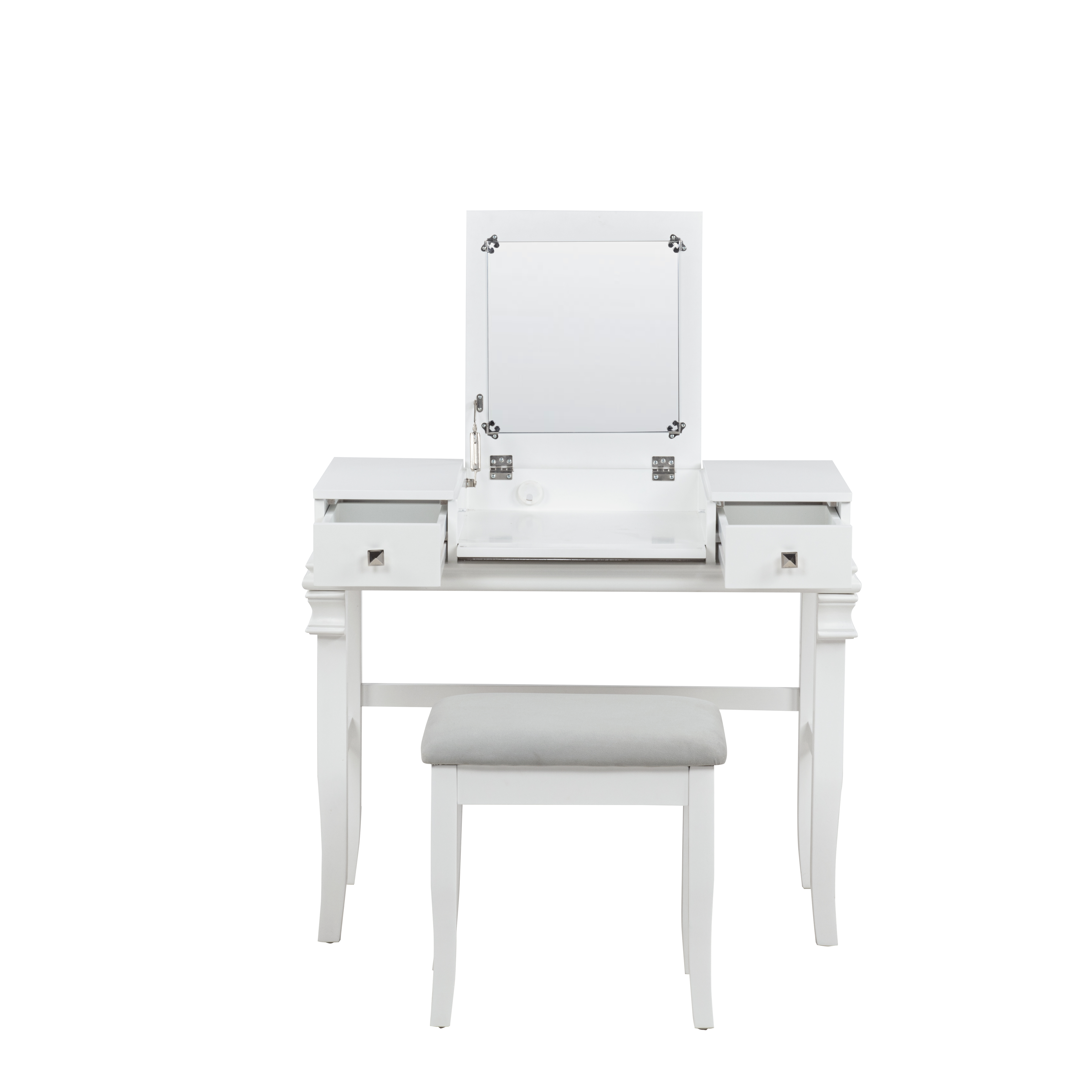 Linon Morton 2-Piece Vanity Set with Flip-Top Mirror and Upholstered Stool, White & Gray