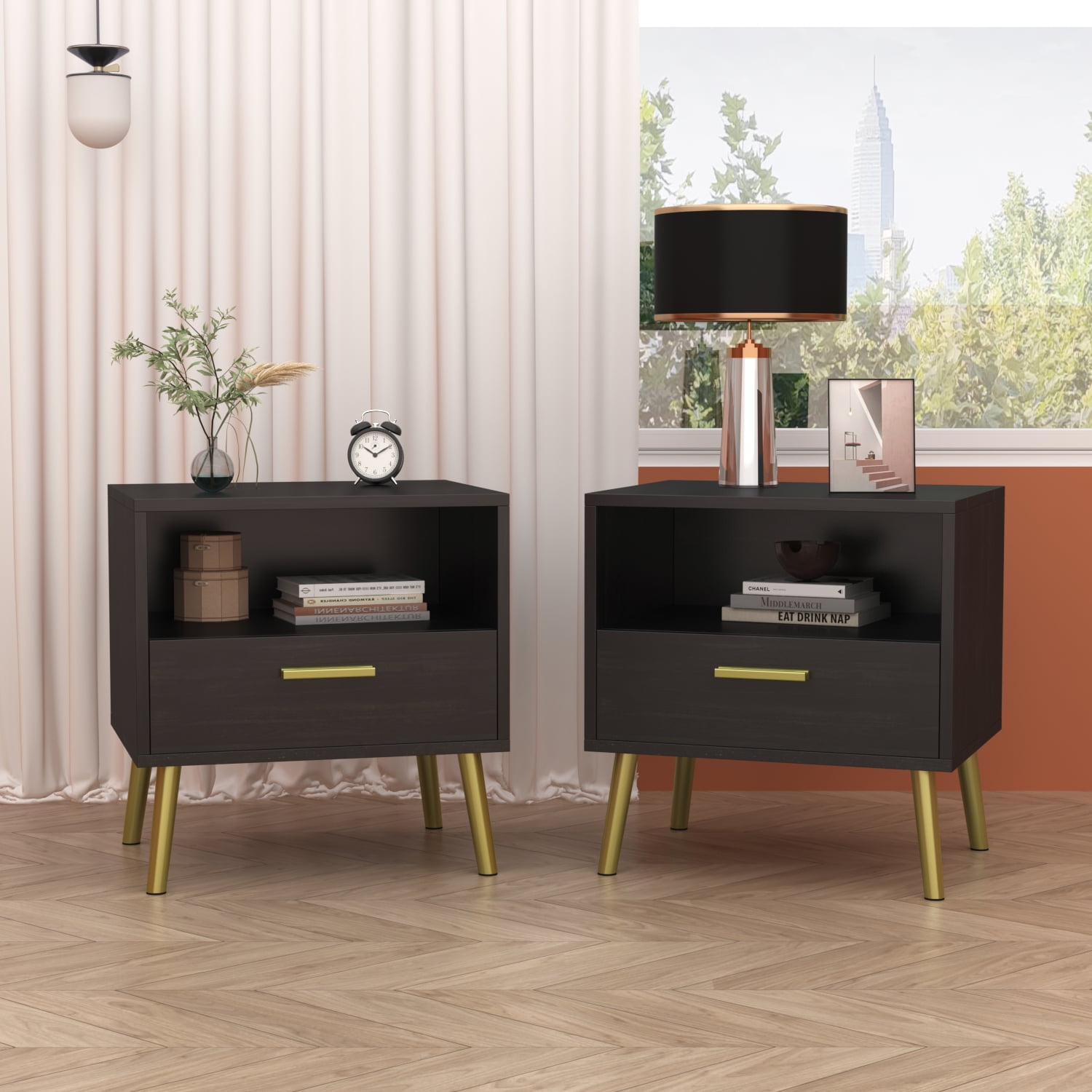 Bedsides Table with Drawer and Open Shelf, Set of 2 Black Nightstand