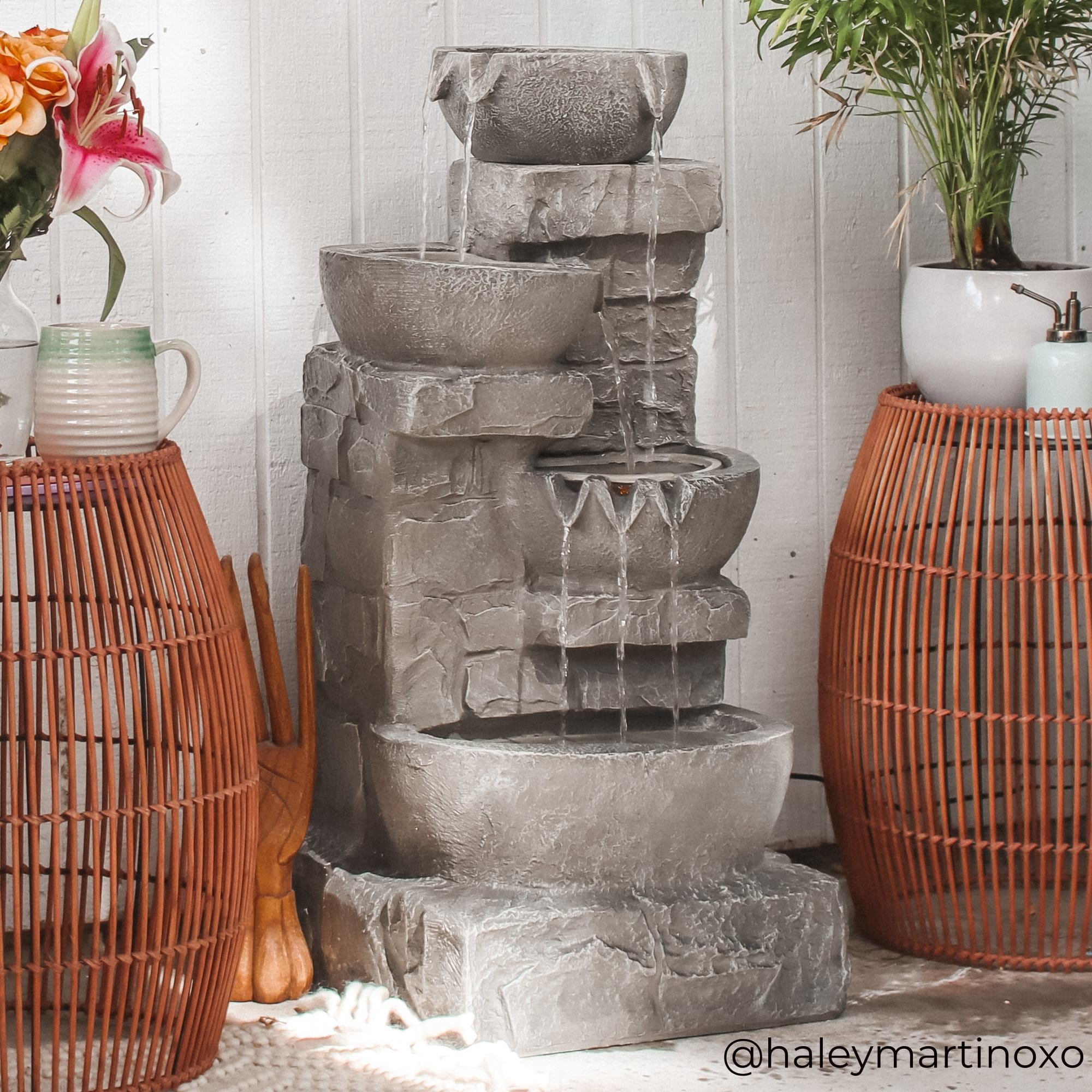 Teamson Home Cascading Stacked Stones Patio Water Fountain, Warm LED Light with Adjustable Flow & Electric Pump, Gray
