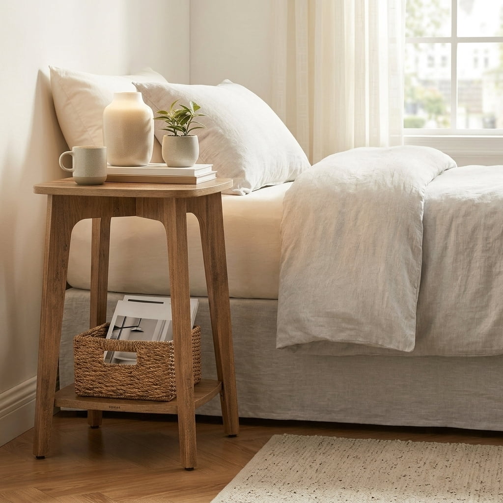 Ledrem MODERN Square Side Table with Storage Shelf, Accent Table, End Table, Honey Brown