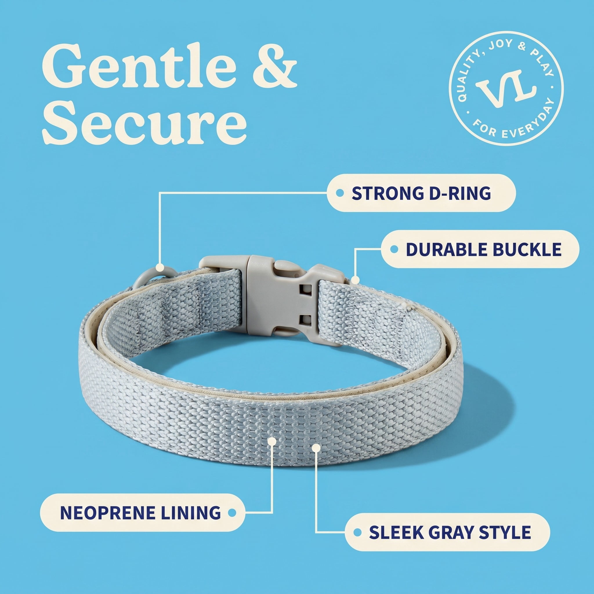 Vibrant Life Neoprene Cushioned Adjustable Dog Collar, Gray, S