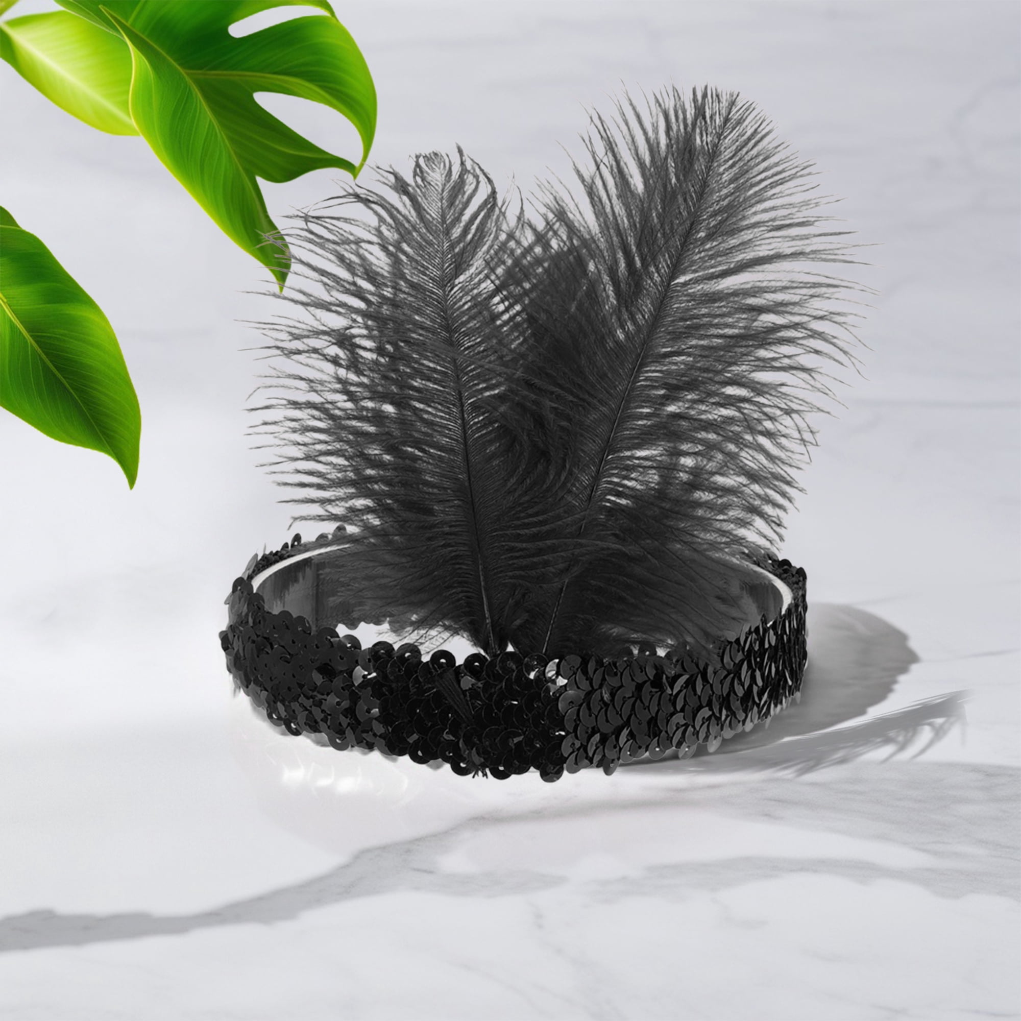 Unique Bargains Feathers Sequins Headbands 1 Pc Black