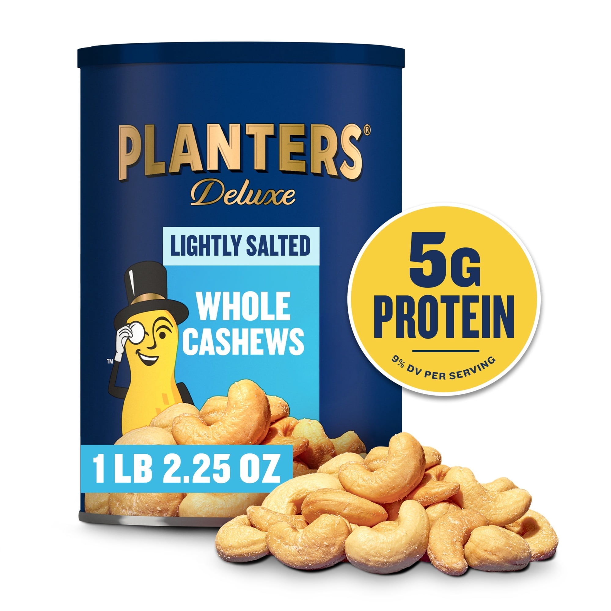 Planters Deluxe Lightly Salted Whole Cashews, 5g Protein (9% DV) per serving, Gluten Free Snacks for Adults, 18.25 oz Resealable Canister