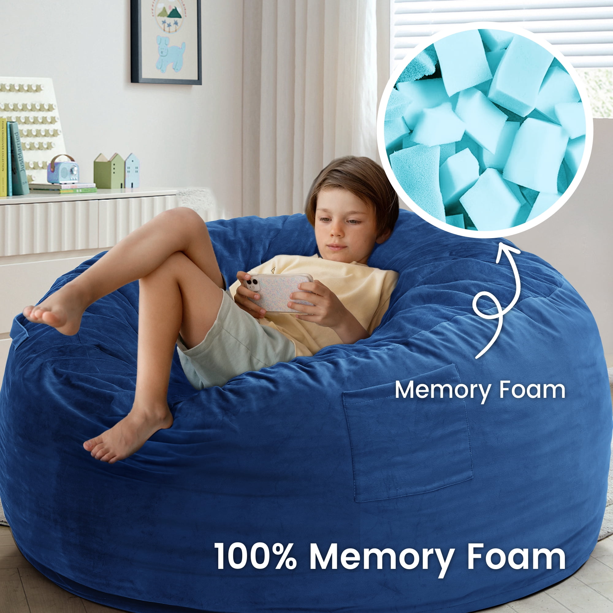 LOGYAT Extra Large 3.5ft Bean Bag Chair, Memory Foam Filling, Washable Suede Cover, Reinforced Zipper, for Kids, Teens, Adults, Blue