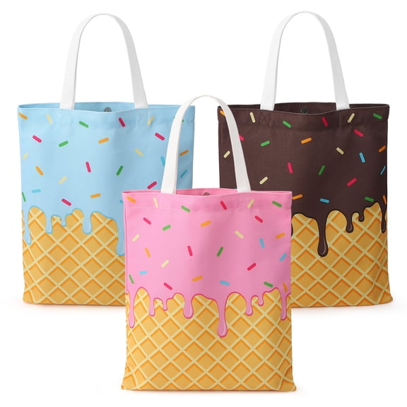 Bocaoying 3 Pack Ice Cream Waffle Theme Canvas Tote Bags, Reusable Grocery Bags, Beach Totes with Magnetic Closure and Inner Pocket for Shopping, Travel, and Outdoor Activities