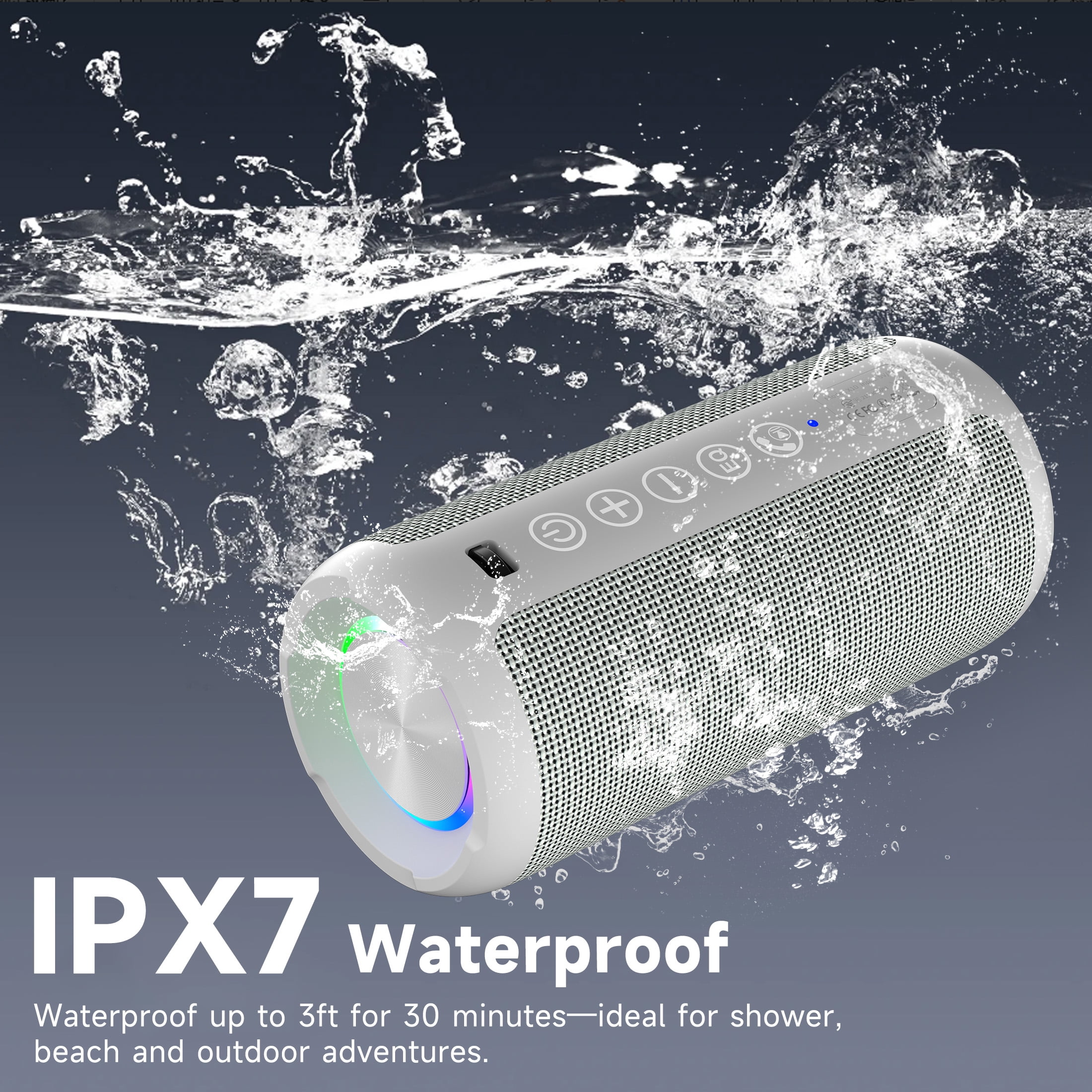 Solorage Portable Bluetooth Speaker IPX7 Waterproof, 24W Loud Sound, Deep Bass, Bluetooth 5.3, 30H Playtime, Wireless Stereo Pairing, LED Lights, for Home/Beach/Party/Outdoors-Gray