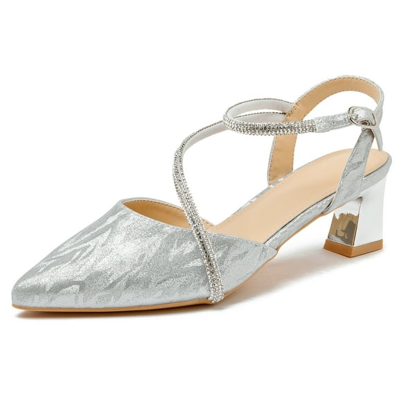 DADAWEN Women's Pointed Toe Ankle Strap Block Heel Wedding Party Dress Pump Shoes Silver 8 US