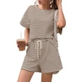 thumbnail image 4 of Womens 2 Piece Sets Summer Lounge Sets Striped Short Sleeve Oversized T Shirts Drawstring Shorts Matching Set, 4 of 5