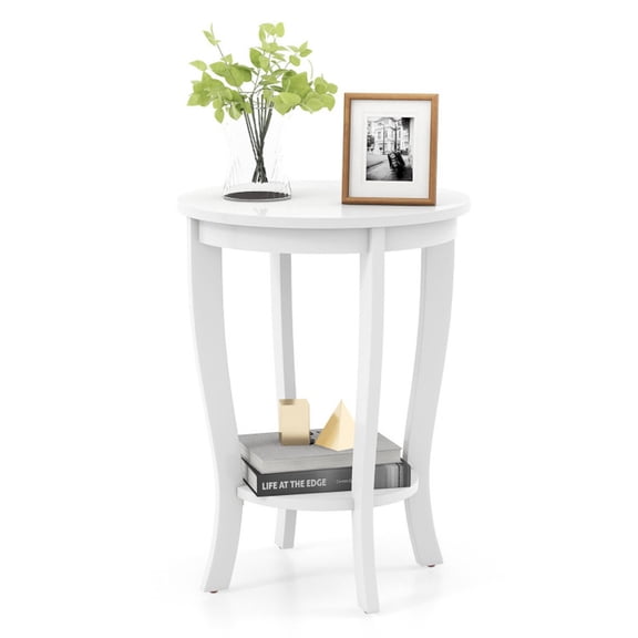 Furnibear 2-tier Round End Table with Solid Wood Legs - White - Bedroom Accent Nightstand Furniture