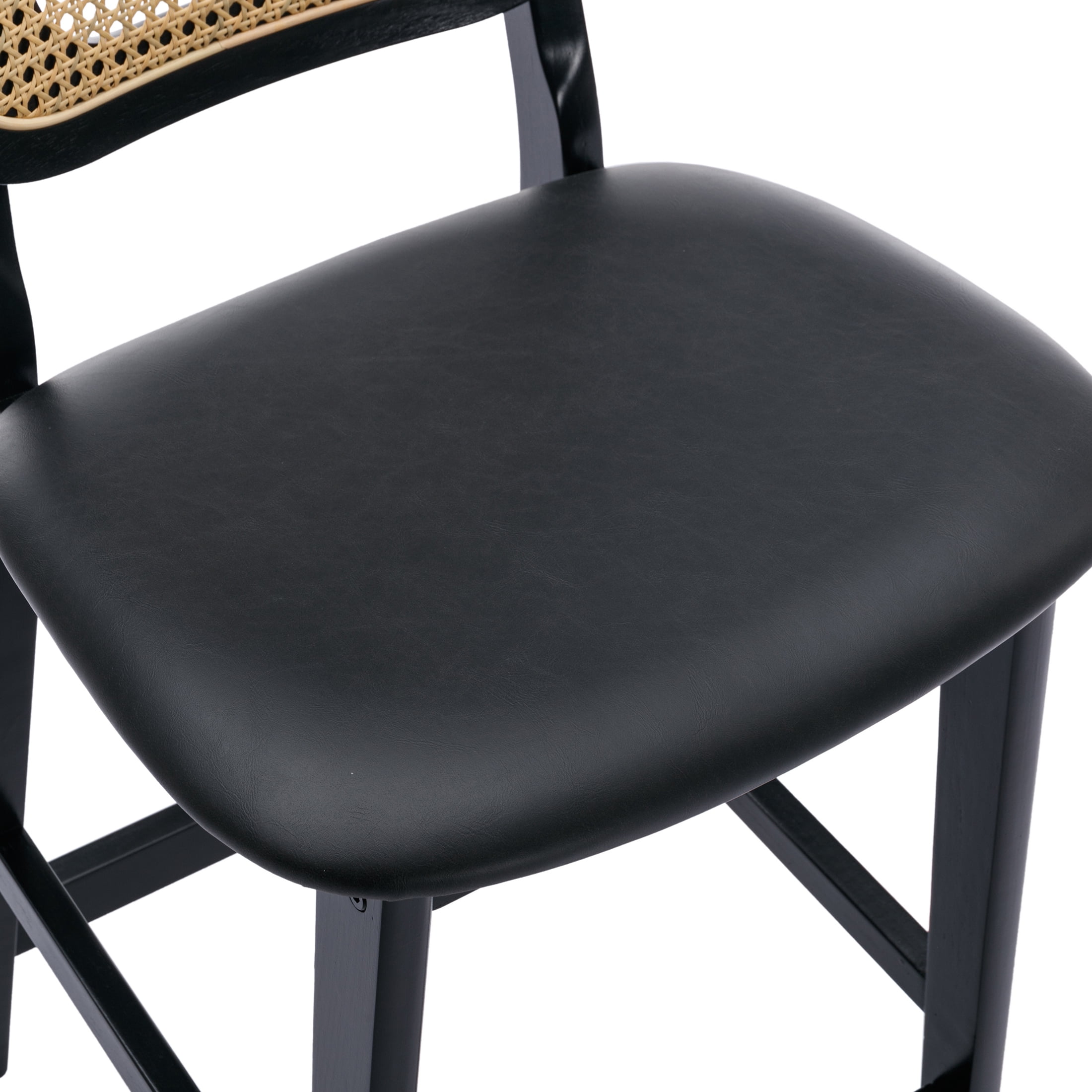 Guyou Rattan Counter Height Bar Stools Set of 2, Mid-Century Modern Wooden Farmhouse Bar Stools, Faux Leather Upholstered Kitchen Island Barstools for Breakfast Bar Bistro, Black