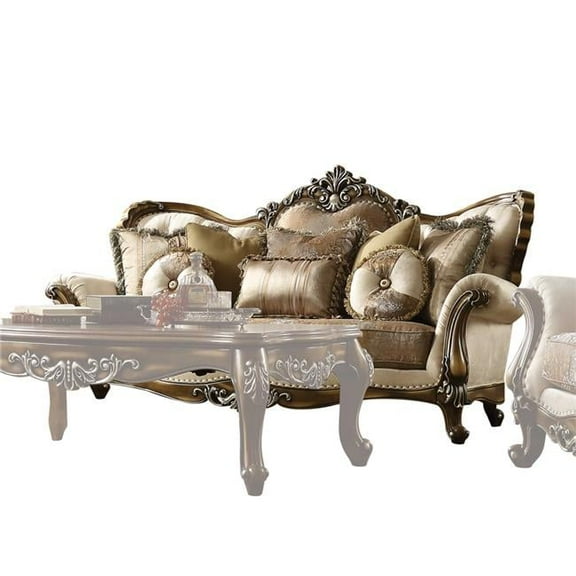 HomeRoots 348230 40 x 89 x 48 in. Tan Pattern Fabric Antique Oak Upholstery Wood Sofa with 6 Pillows