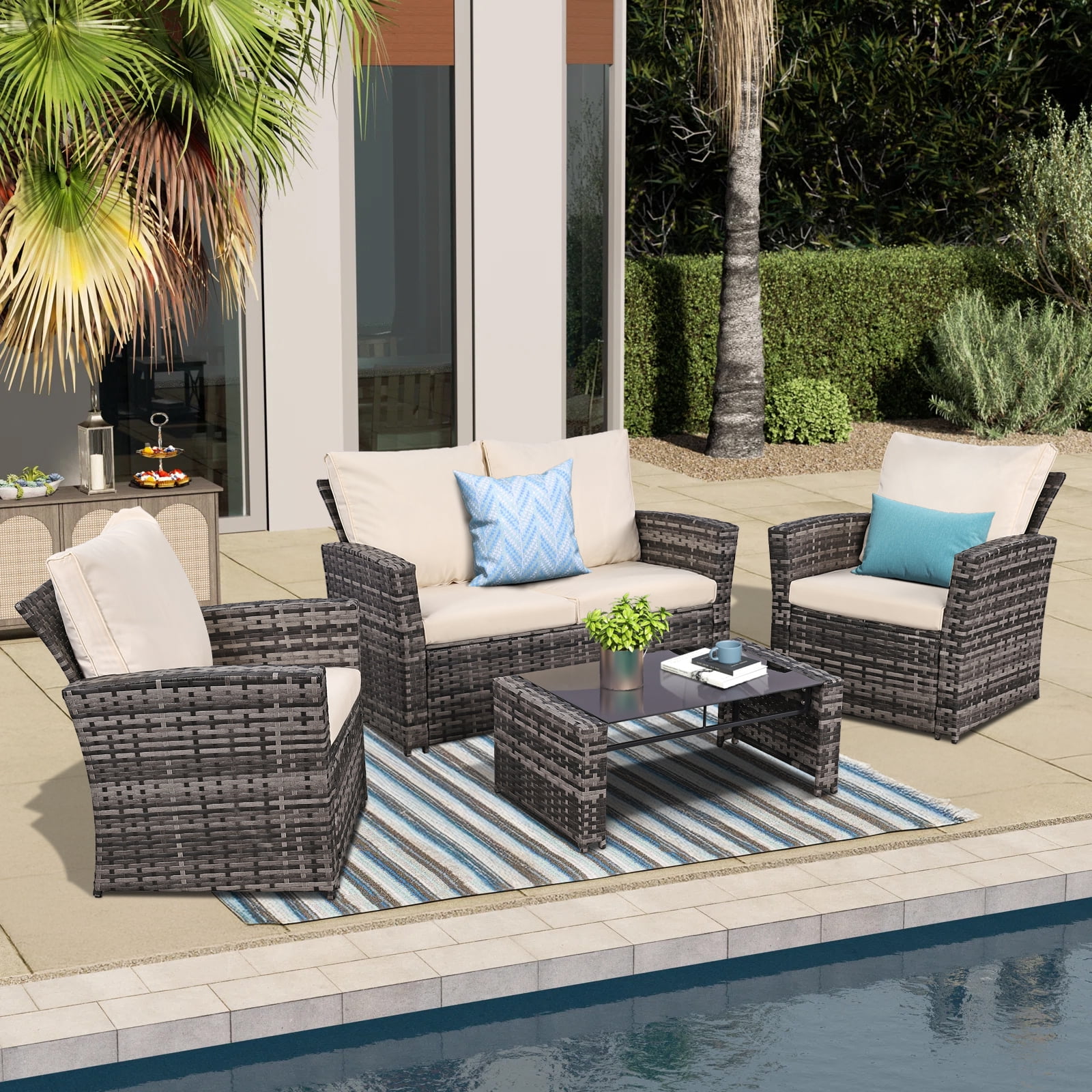 4 Piece Outdoor Patio Furniture Set,Wicker Conversation Sets Outdoor Sectional Patio Sofa Couch with Cushions & Coffee Table for Outside, Garden, Balcony, Porch,(Grey/Beige)