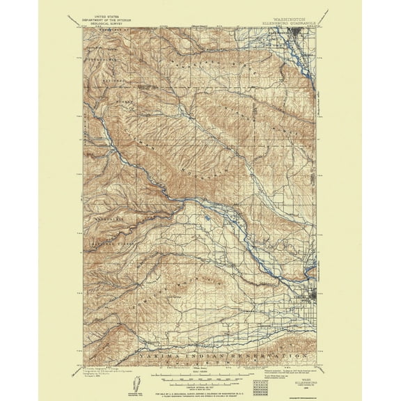 Topographical Map - Ellensburg Washington Quad - USGS 1899 - 23 x 28.45 - Vintage Wall Art