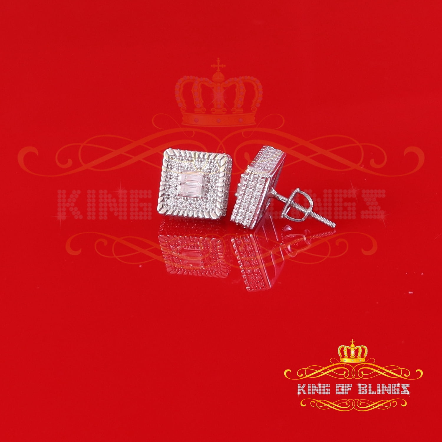 King of Bling's Men's/Women's 925 Silver White 1.00ct VVS 'D' Moissanite 3D Square Stud Earrings