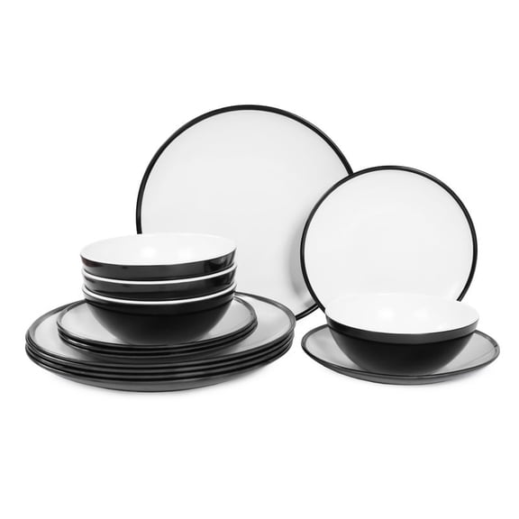 Cynnix 12-Piece Melamine Dinnerware Set, Modern Black & White Two-Tone, Includes 11.2" Dinner Plates, 8.3" Salad Plates, and 6.4" Deep Bowls, Service for 4
