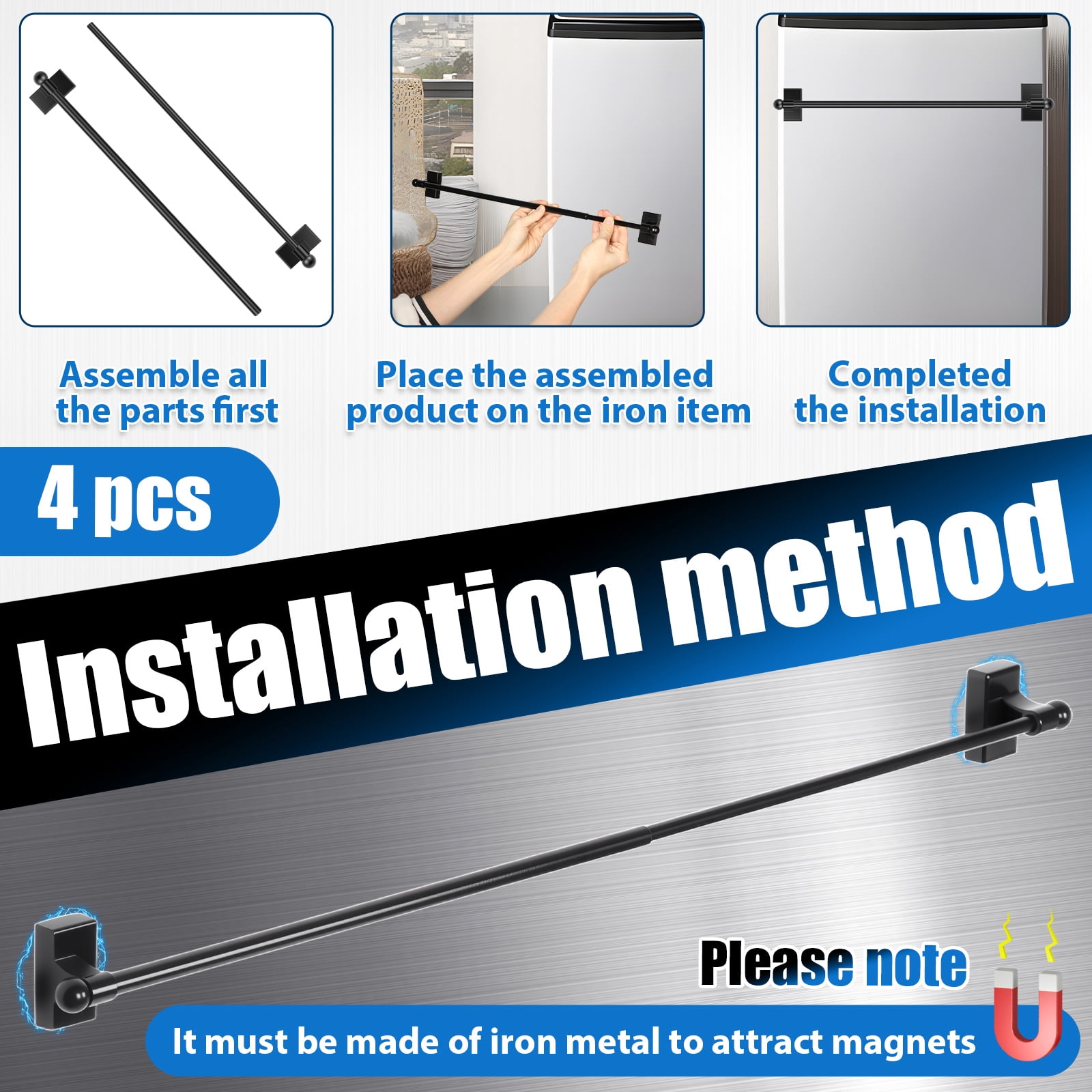 2sets Adjustable Magnetic Curtain Rod for Metal Door 17.3 to 33.4 Inch Multi Use Adjustable Appliance Magnetic Rod for Window Frame Cabinet Refrigerator Dishwasher,Black