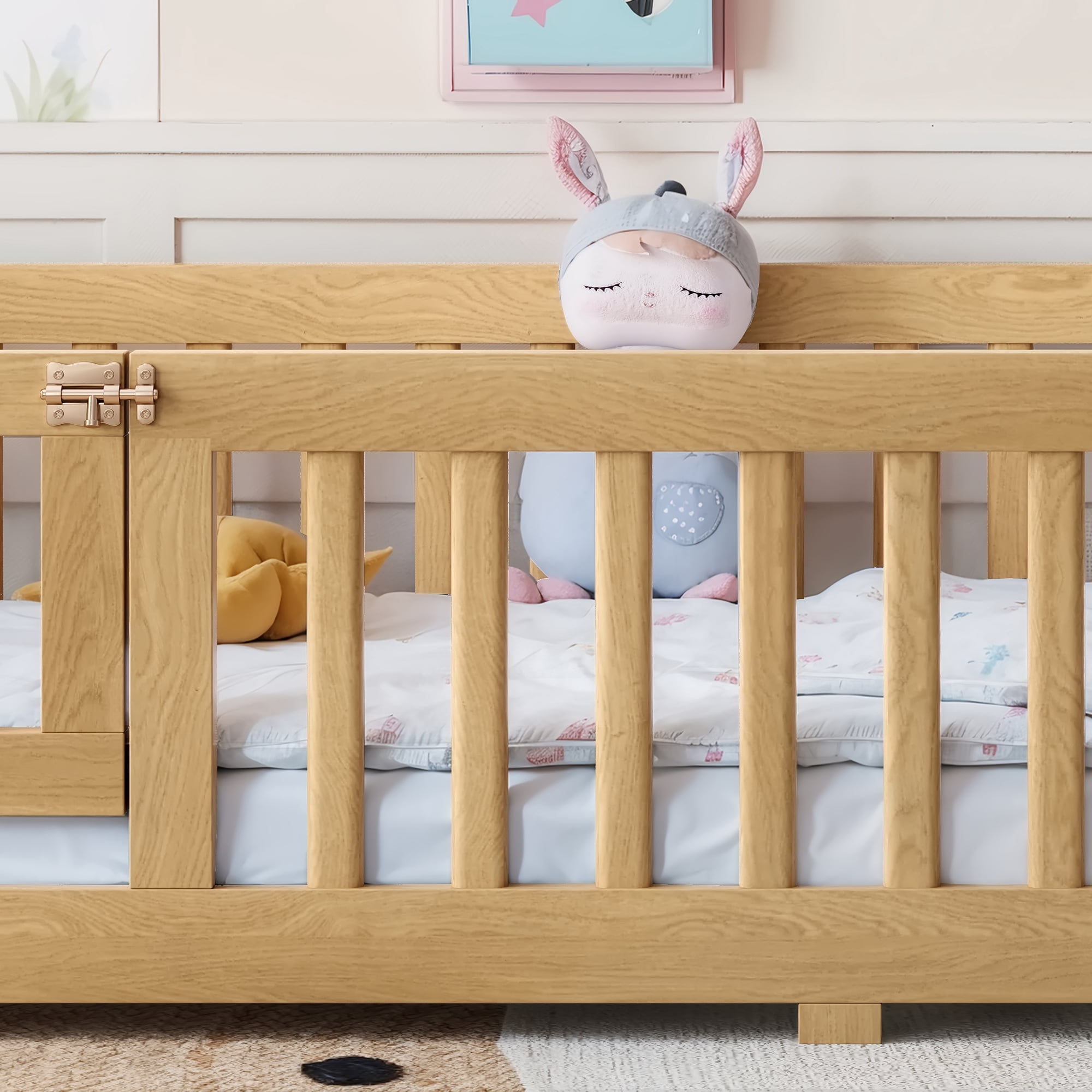 Twin Floor Bed 77.5 Inch, Solid Wood Bed Frame with Safety Guardrails and Door, Low Profile Montessori Bed for Kids Bedroom, Natural