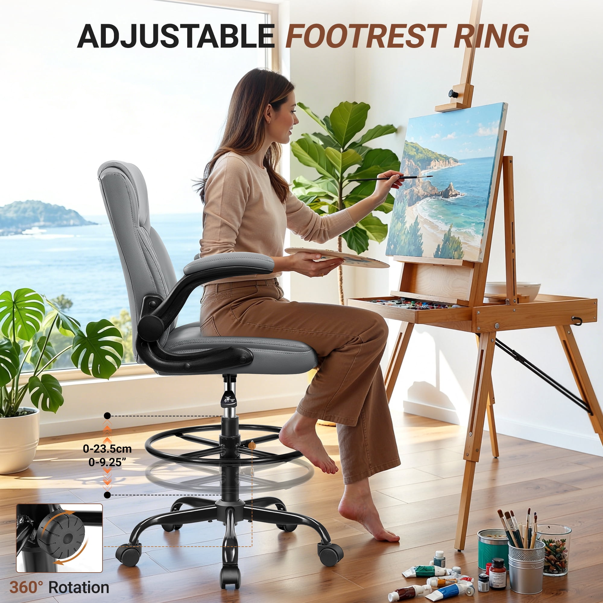 COOLHUT High Back Office Chair with Flip-Up Armrests, PU Leather Executive Ergonomic Computer Chair, Features Lumbar Support, Adjustable Foot Ring for Standing Desks, Home Offices, Gray