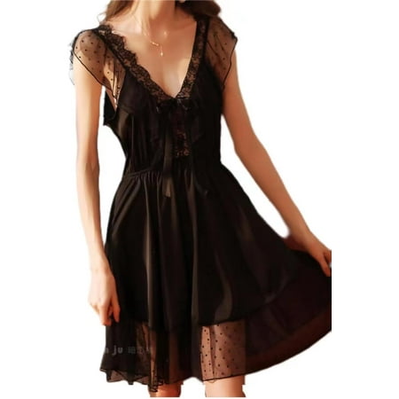 QIUYI Women Lingerie Sexy Chemise Nightgown Lace Babydoll Satin Nightdress Sleepwear Nightwear