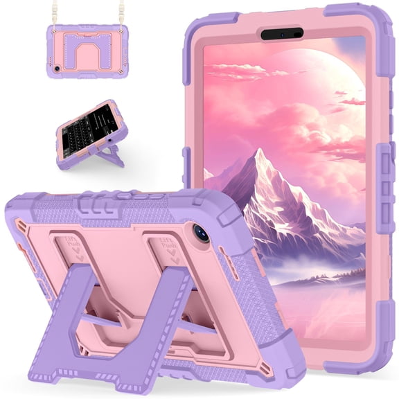 Mynvo Rugged Case for Samsung Galaxy Tab A11 8.7 Inch 2026/A9 8.7“ 2023, 3-Layers TPU PC with Shoulder Strap Shockproof Dual Angle Stand Kids Friendly Case for Women Men, Purple Rosegold