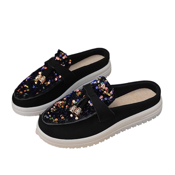 Gpaecead Women's Sequin Bell Tassels Flat Mules Faux Suede Slip On Cushioned Non Slip Shoes For Commute And Casual, A-Gold