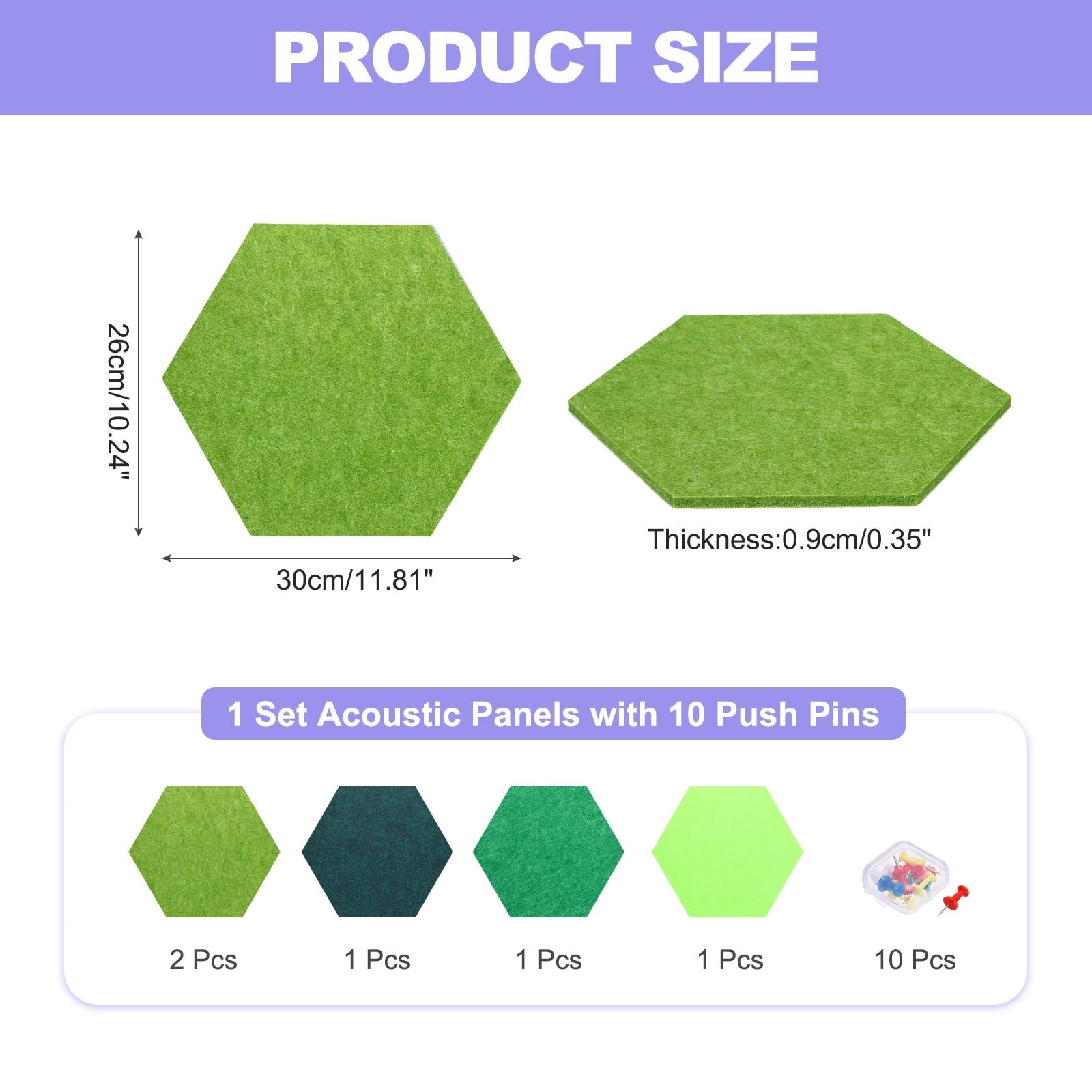 Uxcell 5 Pcs B1 Hexagon Acoustic Panels with Push Pins 11.81'' x 10.24'' Dark Green Bright Green Olive Green Green