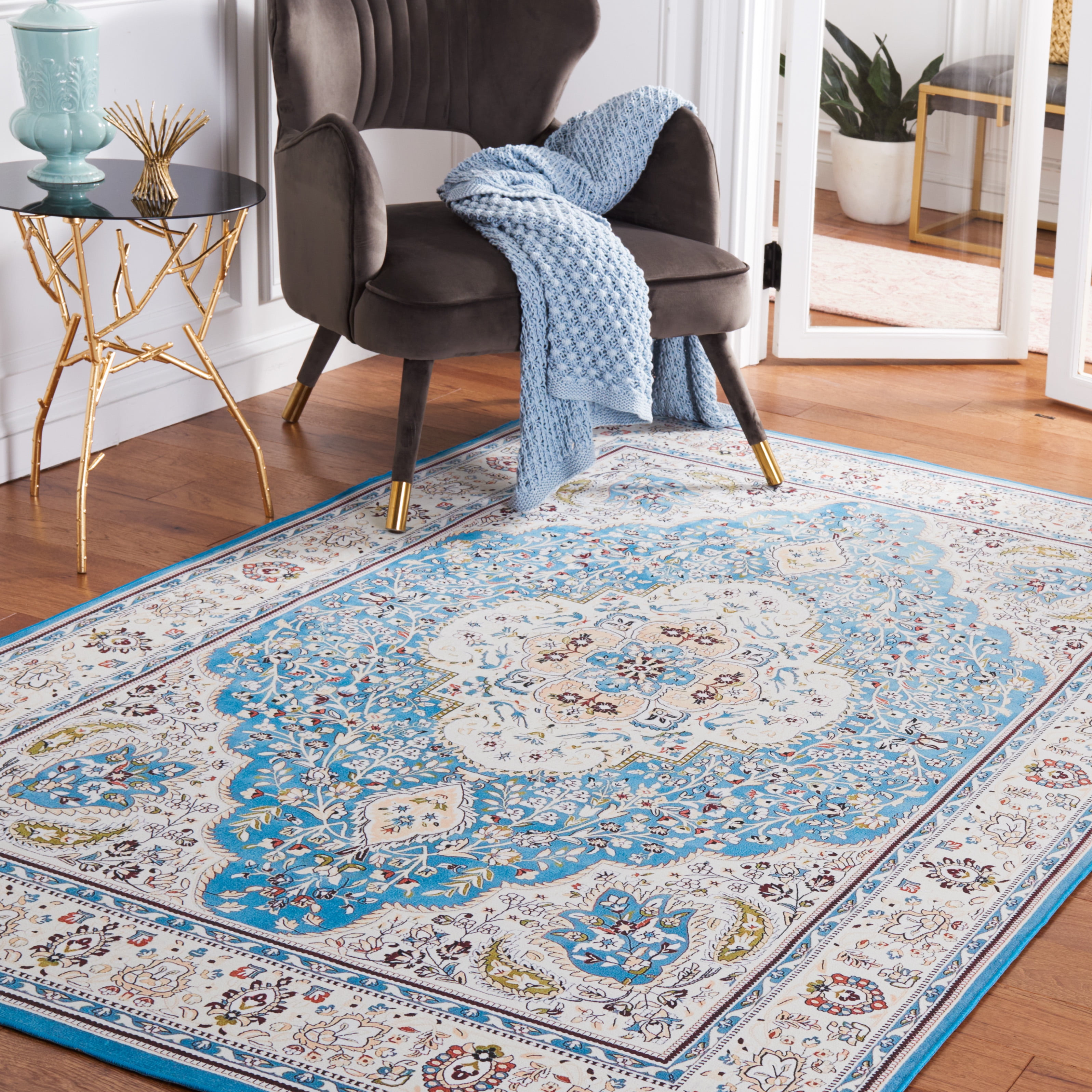 SAFAVIEH Tucson Natalie Traditional Machine Washable Area Rug, 6' x 6' Square, Turquoise/Beige
