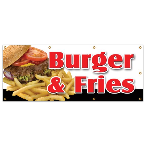 SignMission B-96 Burger & Fries 36 x 96 in. Burger & Fries Banner Sign - Cheeseburger French Fries Grill Beef Cheese