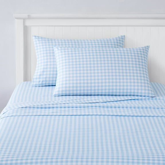Kids Classic Printed Microfiber Sheet Sets, Ultra Soft Fitted Sheets with Straps - Gingham Blue, Full Size