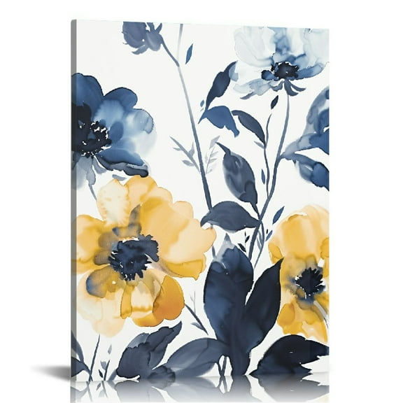 PRATYUS Abstract Flower Canvas Wall Art Blue and Yellow Floral Picture Home Decor 16x20 in / 12x16 in 12x16 in