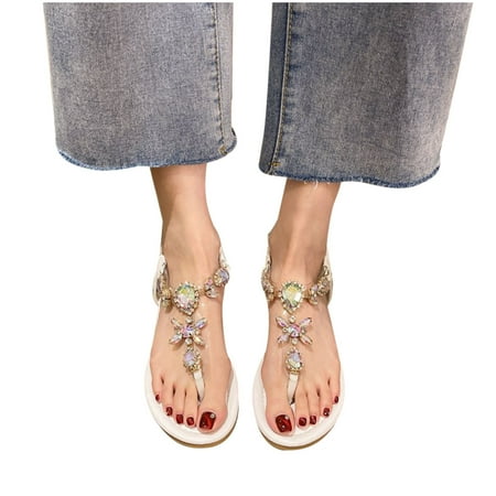 

YanHoo Clearance Flat Sandals for Women Girls Rhinestone Gladiator Sandals Dresssy Flat Wedding Holiday Sandals Gem Pearl Sparkling Bridal Bridesmaid Sandals