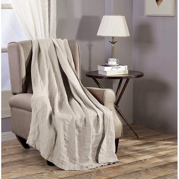 Chezmoi Collection Super Soft Flax Linen Throw Blanket, Natural Linen